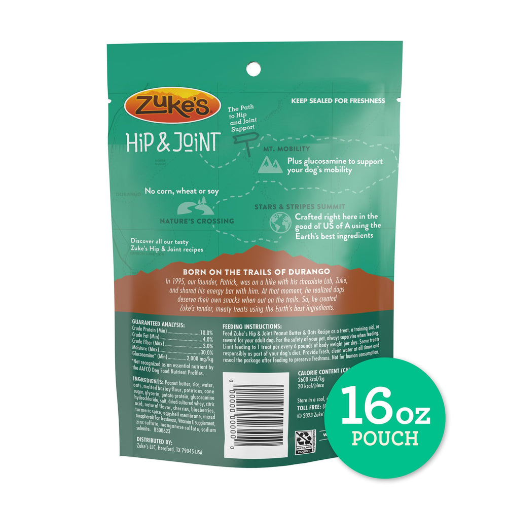 Merrick Zukes Hip and Joint treats with glucosamine support mobility during walks.