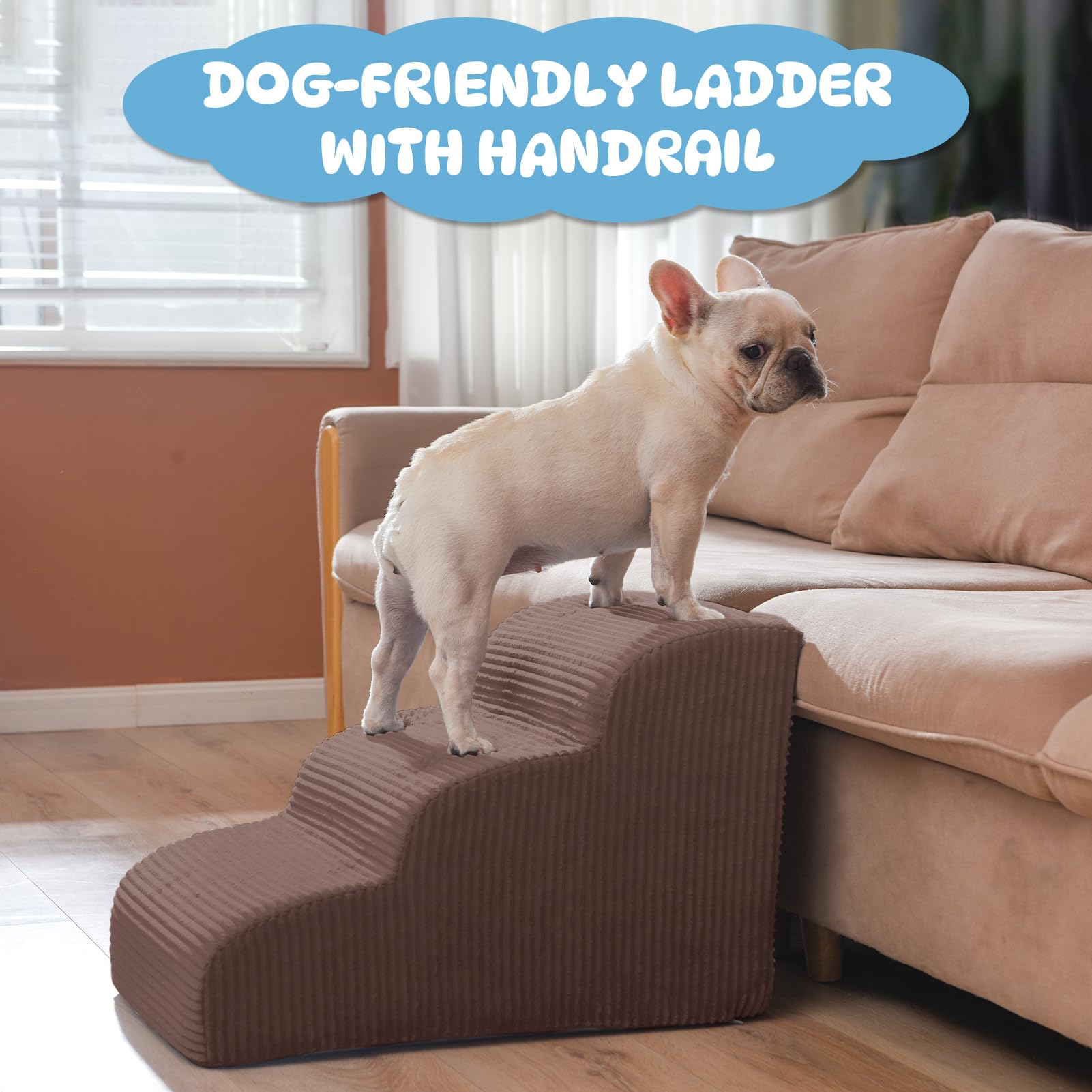 Mesa Lemon dog steps three-step beside bed provides mid-height bed access.