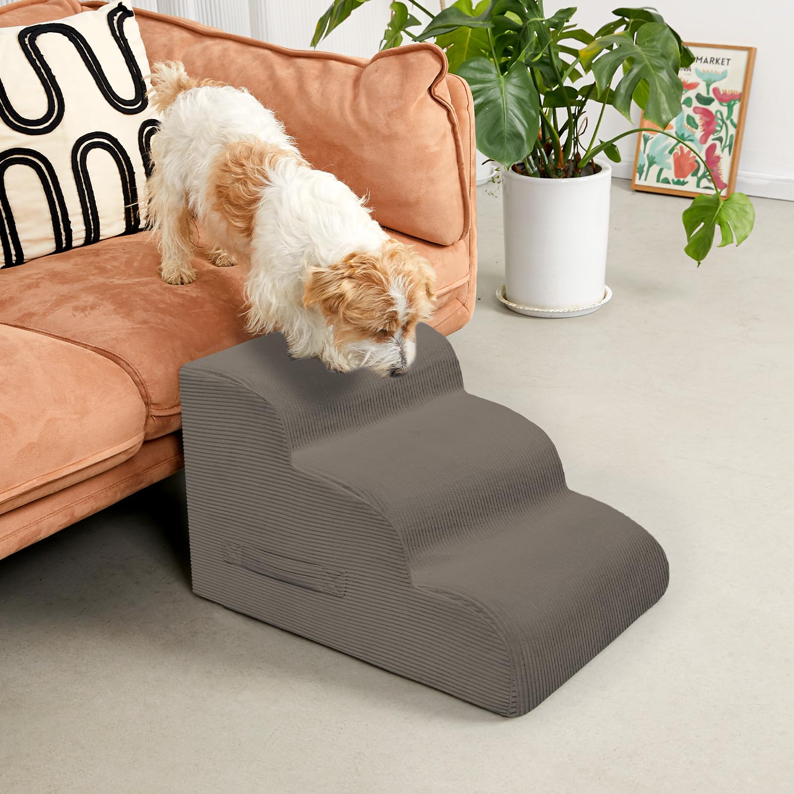 Mesa Lemon dog steps three-step side view highlights compact design for couch access.