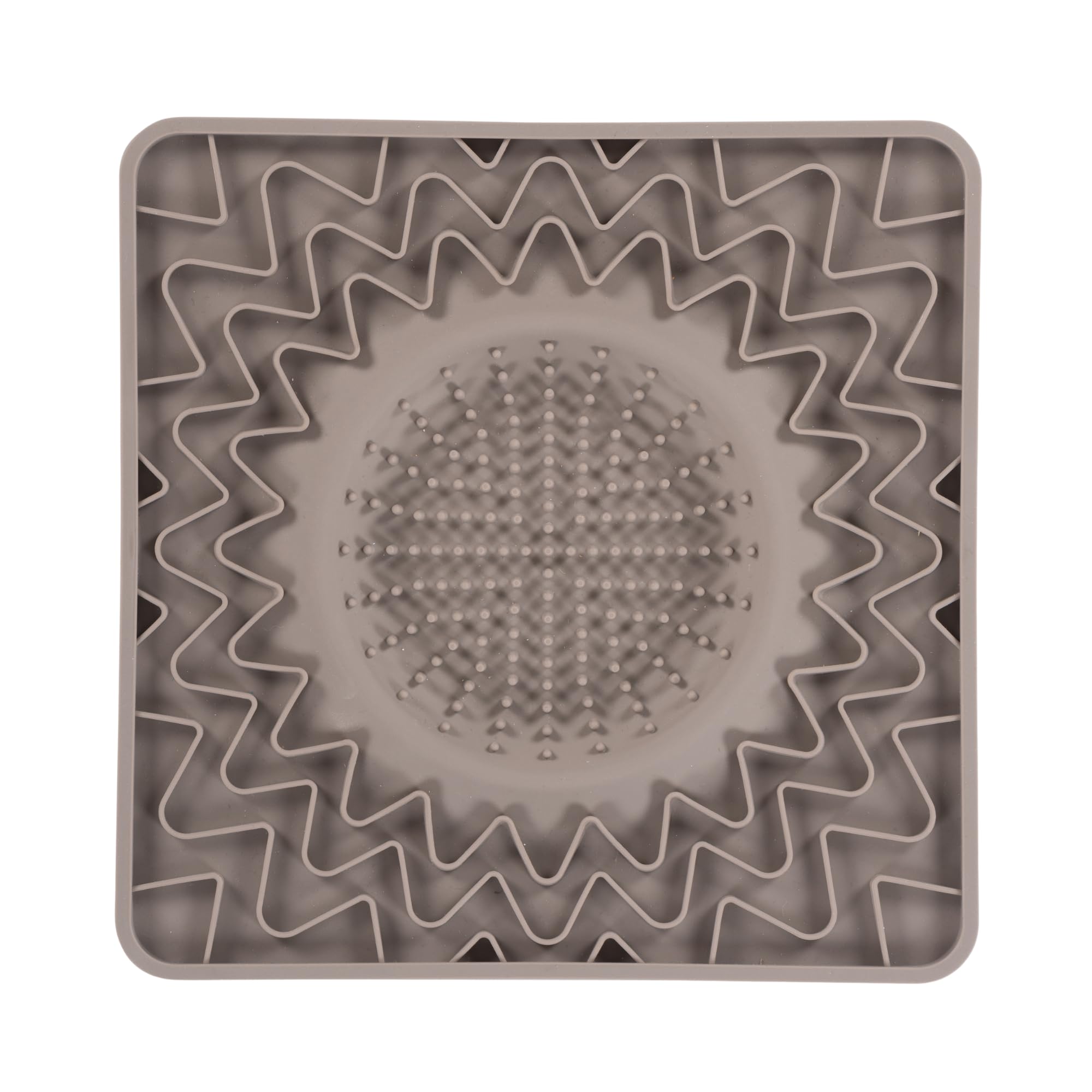 Messy Mutts framed licking bowl mat grey top view shows slow feeding for calmer mealtimes.
