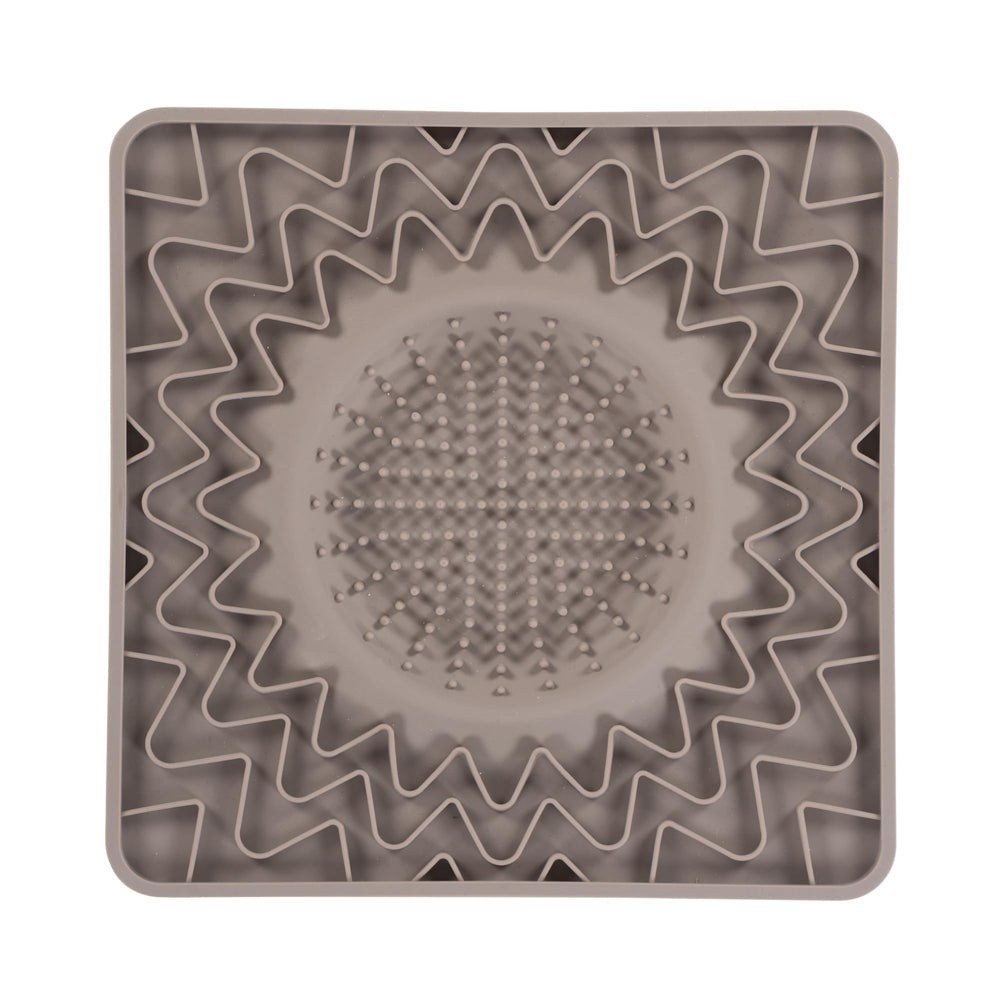 Messy Mutts framed licking bowl mat grey top view shows slow feeding for calmer mealtimes.
