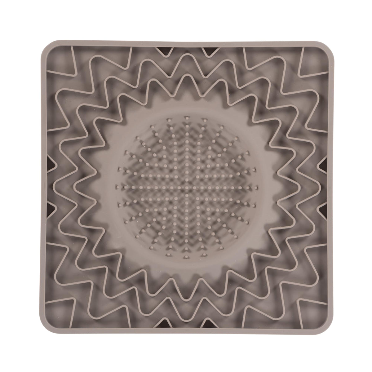 Messy Mutts framed licking bowl mat grey top view shows slow feeding for calmer mealtimes.
