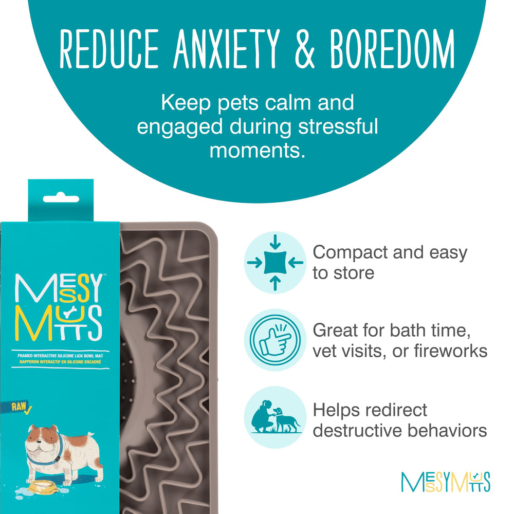Messy Mutts framed licking bowl mat grey center bowl view highlights liquid option for broths or milk.