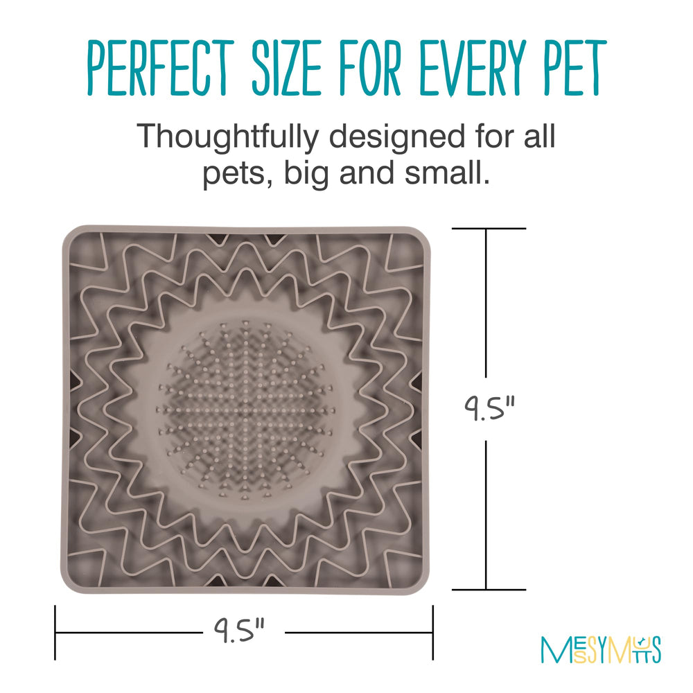 Messy Mutts silicone licking mat grey closeup shows durable silicone with textured nubs for licking.