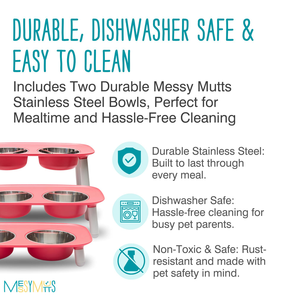 Messy Mutts elevated double feeder at 3-inch height suits small dogs for comfortable dining