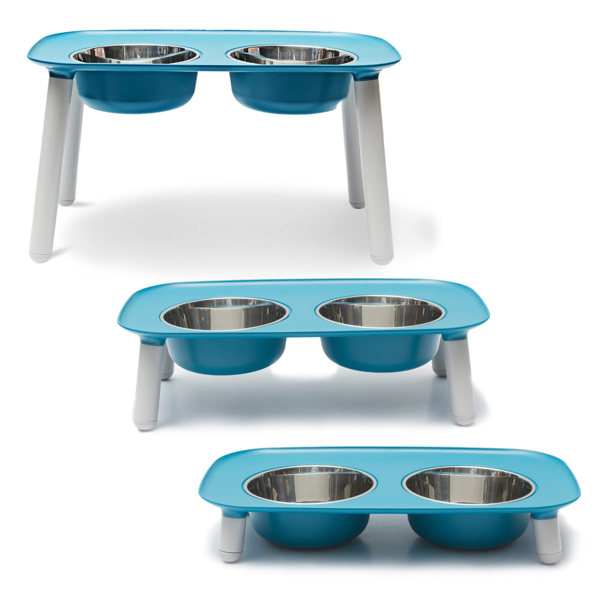 Messy Mutts elevated double feeder blue bowls promote tidy meals.