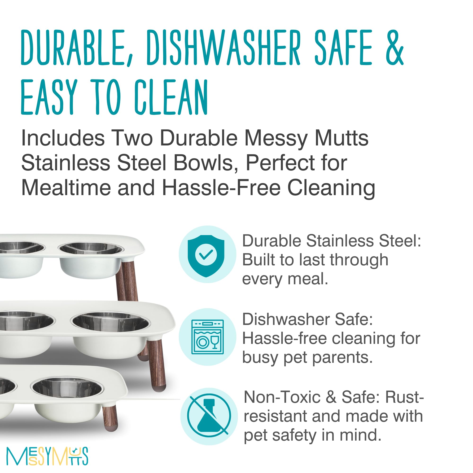 Messy Mutts elevated double feeder side profile shows compact footprint and sturdy design.