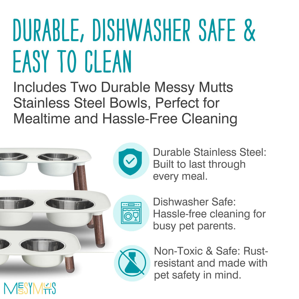 Messy Mutts elevated double feeder side profile shows compact footprint and sturdy design.
