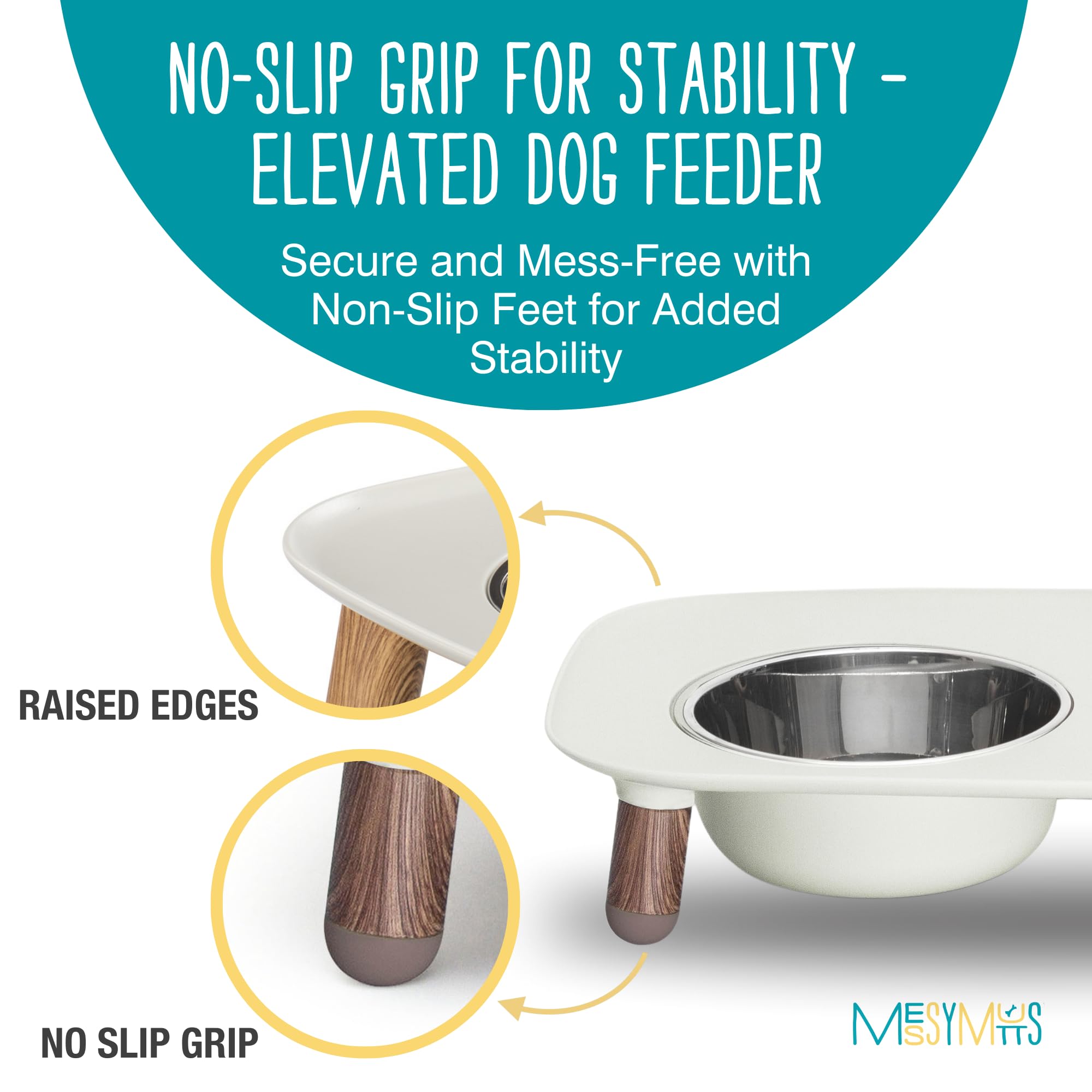 Messy Mutts stainless bowls closeup highlight durable, easy-to-clean feeding components.