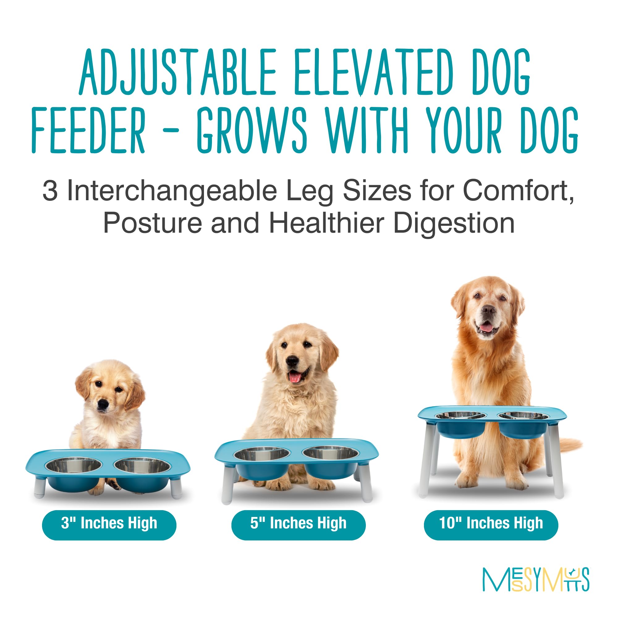 Messy Mutts 5-inch height adjustable feeder supports mid-size pets.