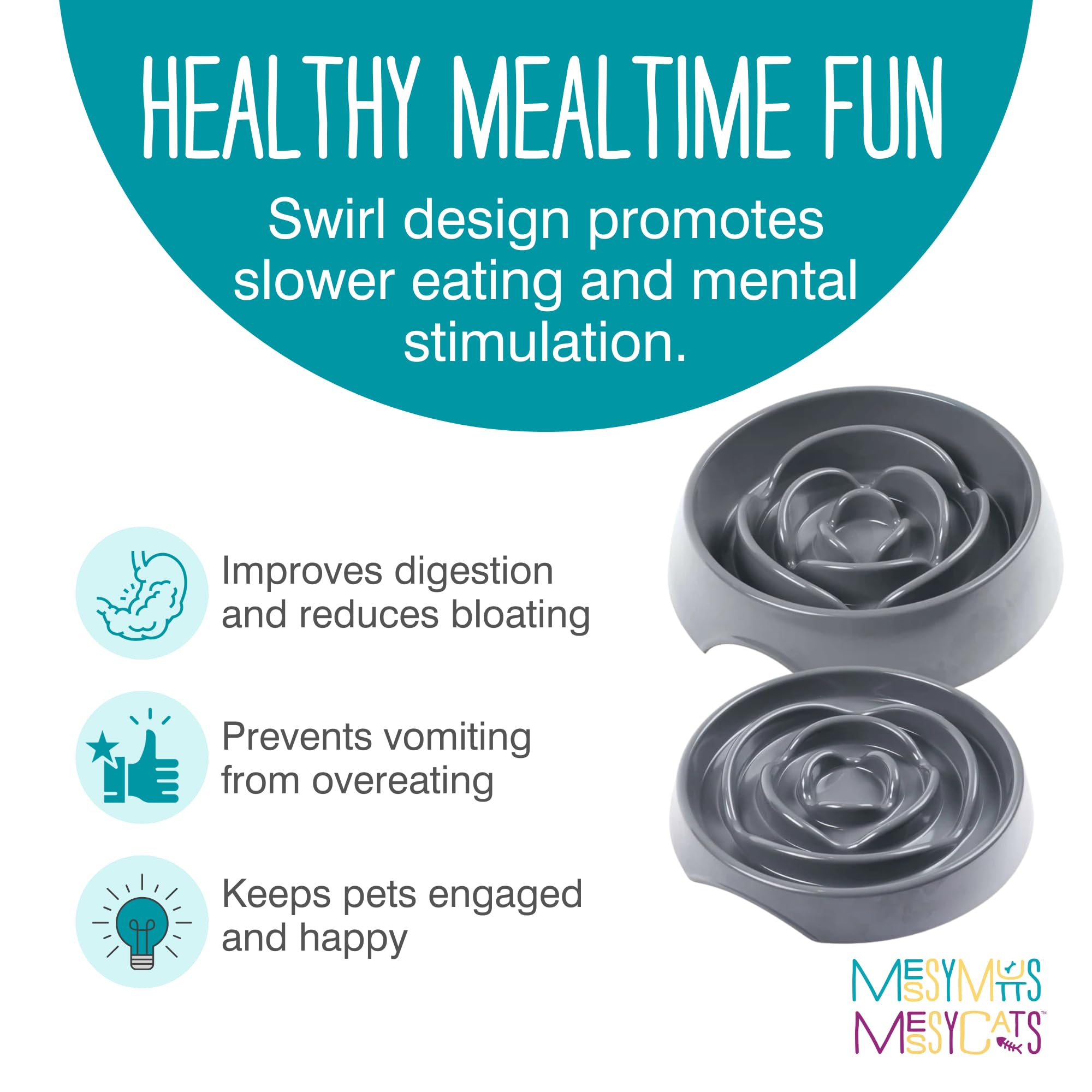 Messy Mutts slow-feeder bowl cat-friendly option keeps mealtime stimulating for felines.