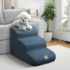 Mestuel dog stairs blue 3-steps front view for easy couch access and gentle support.