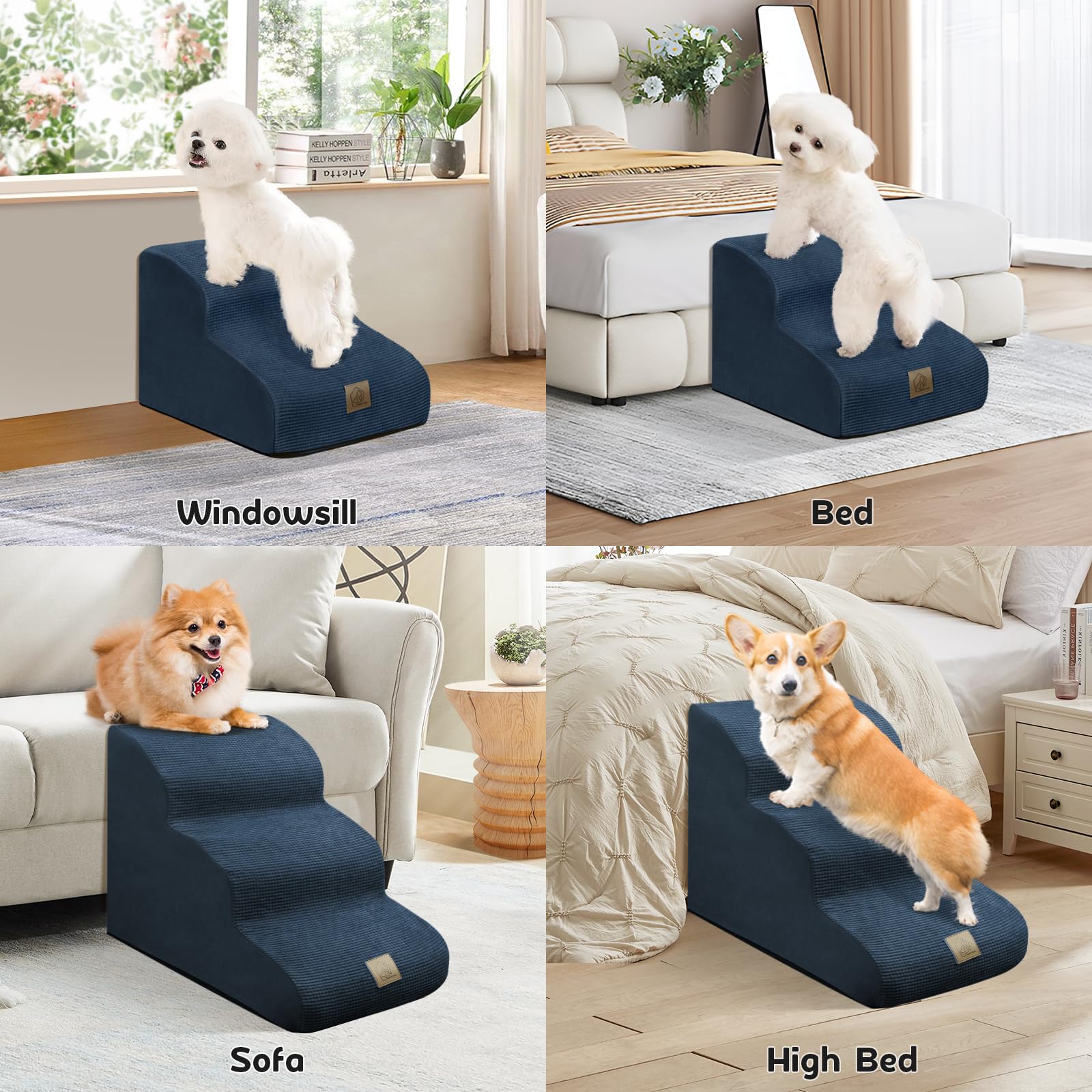 Mestuel dog stairs blue side view shows lightweight foam ideal for indoor use.