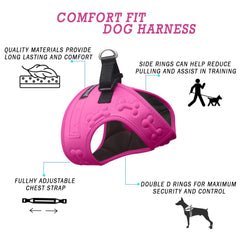 Metric USA harness adjusted for small dogs demonstrates customizable fit with Velcro straps.