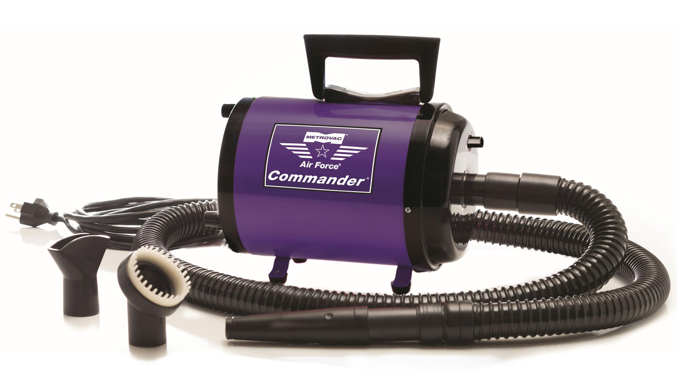 METROVAC AFTD-3V complete grooming kit includes hose, concentrator, flare, and rake.