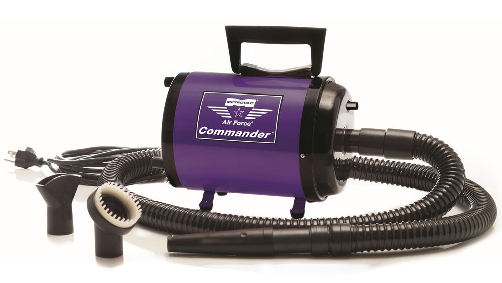 METROVAC AFTD-3V complete grooming kit includes hose, concentrator, flare, and rake.