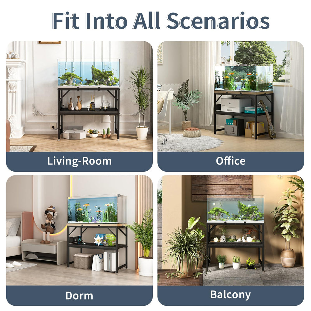 METYERRY two-tier storage shelves organize essentials like filters and food.