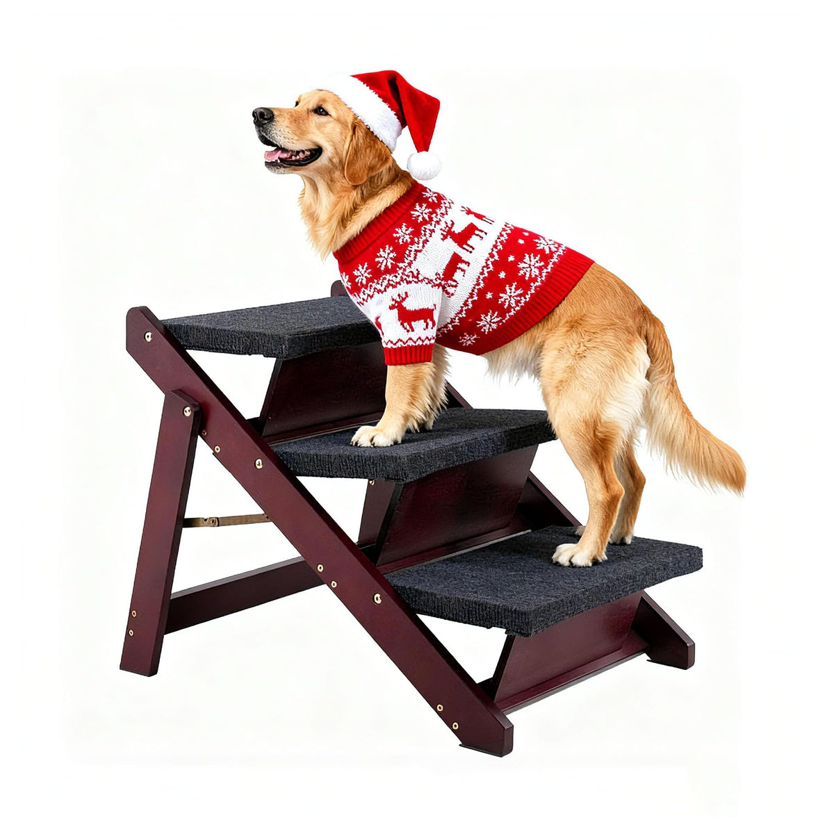 MEWANG wooden pet stairs folded beside the sofa for compact storage.