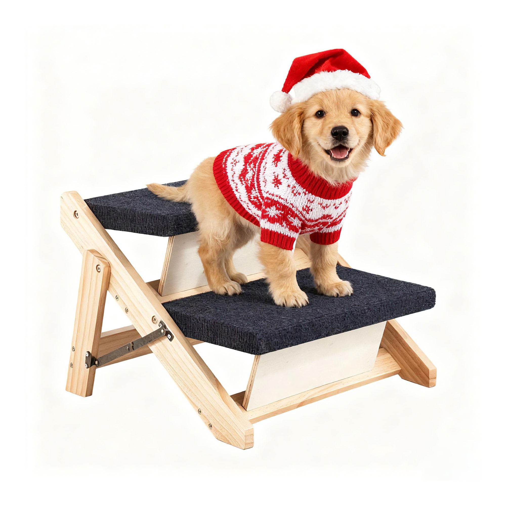MEWANG wood pet stairs side view shows sturdy birch design for safe climbs.