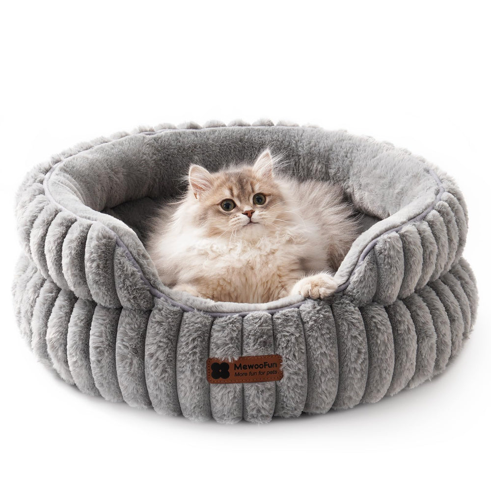 MEWOOFUN cat bed round grey exterior showcases secure, cozy curl-up design for restful naps