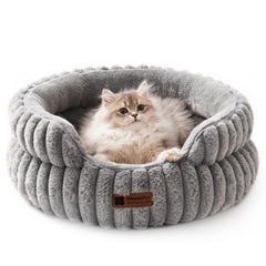MEWOOFUN cat bed round grey exterior showcases secure, cozy curl-up design for restful naps
