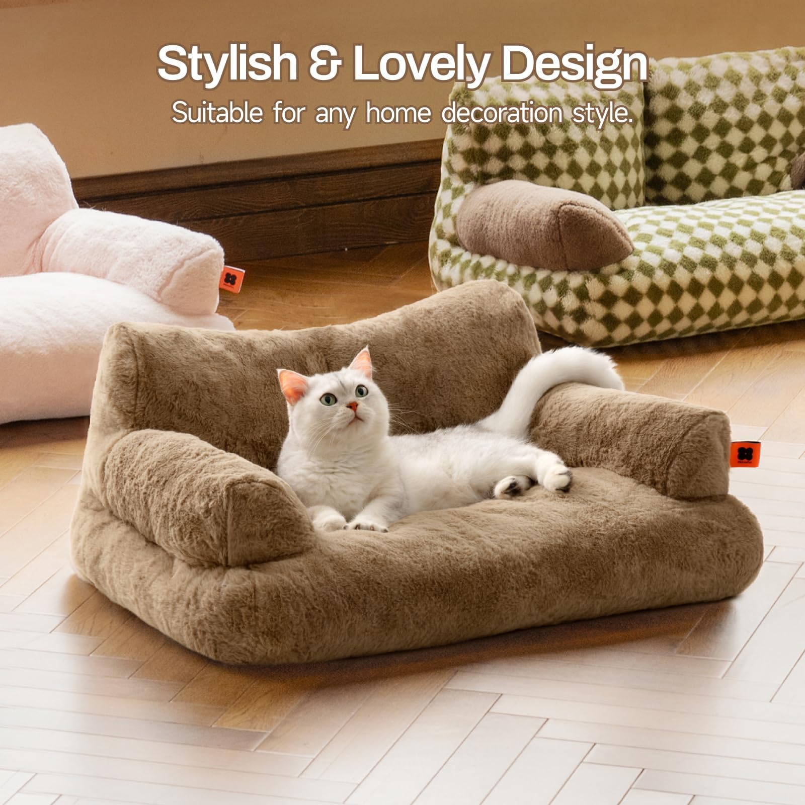 MEWOOFUN Dog Couch shows size cues and fit for small pets