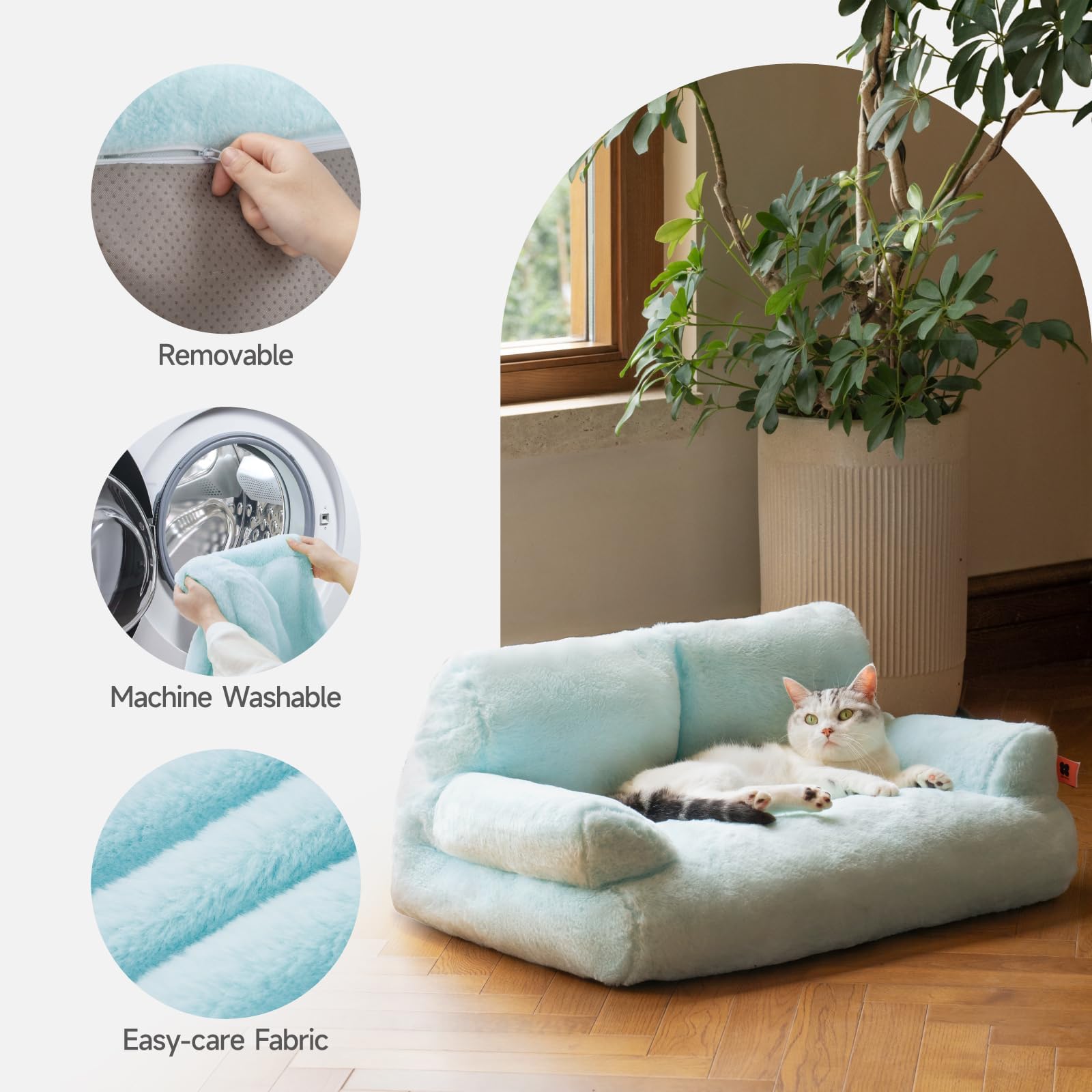 MEWOOFUN cat bed blue non-slip bottom keeps surfaces secure on smooth floors