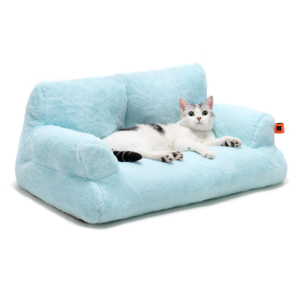MEWOOFUN cat bed blue side view emphasizing plush comfort for relaxing after play