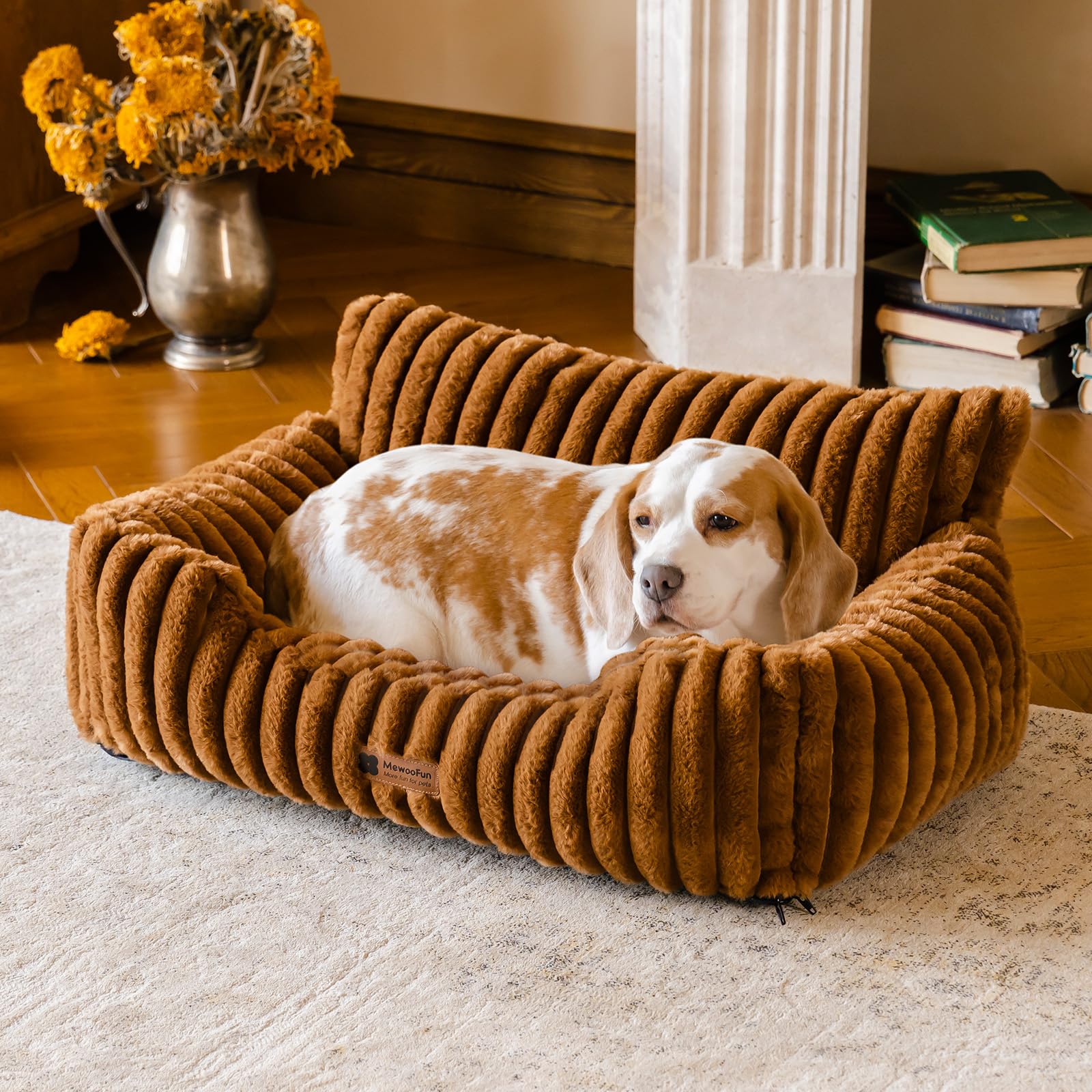 MEWOOFUN Dog Couch Bed front view shows sturdy bolster design for cozy naps