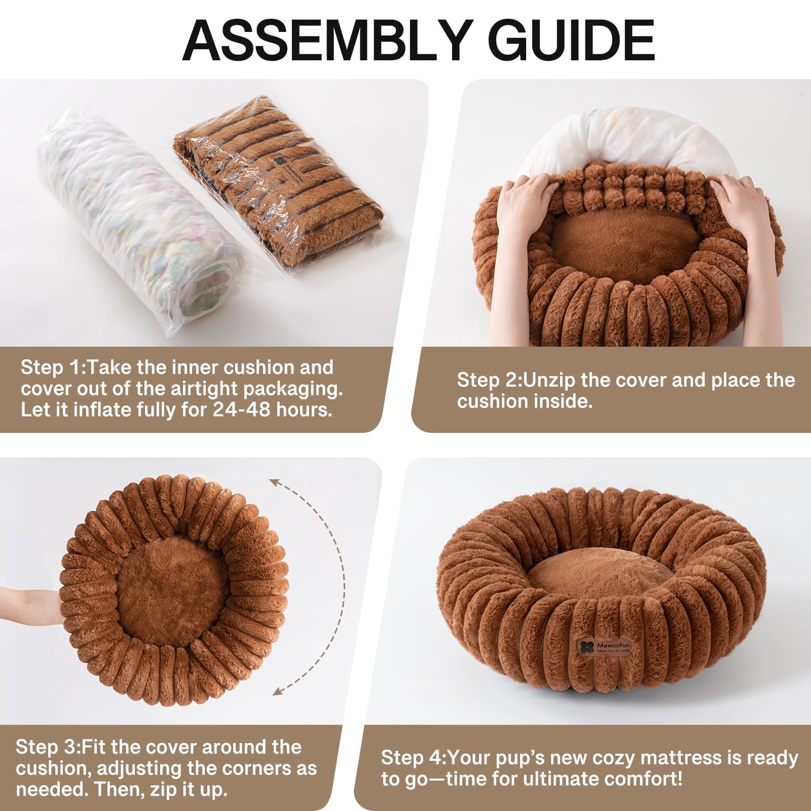 MEWOOFUN donut bed in use on floor provides a safe cozy retreat.