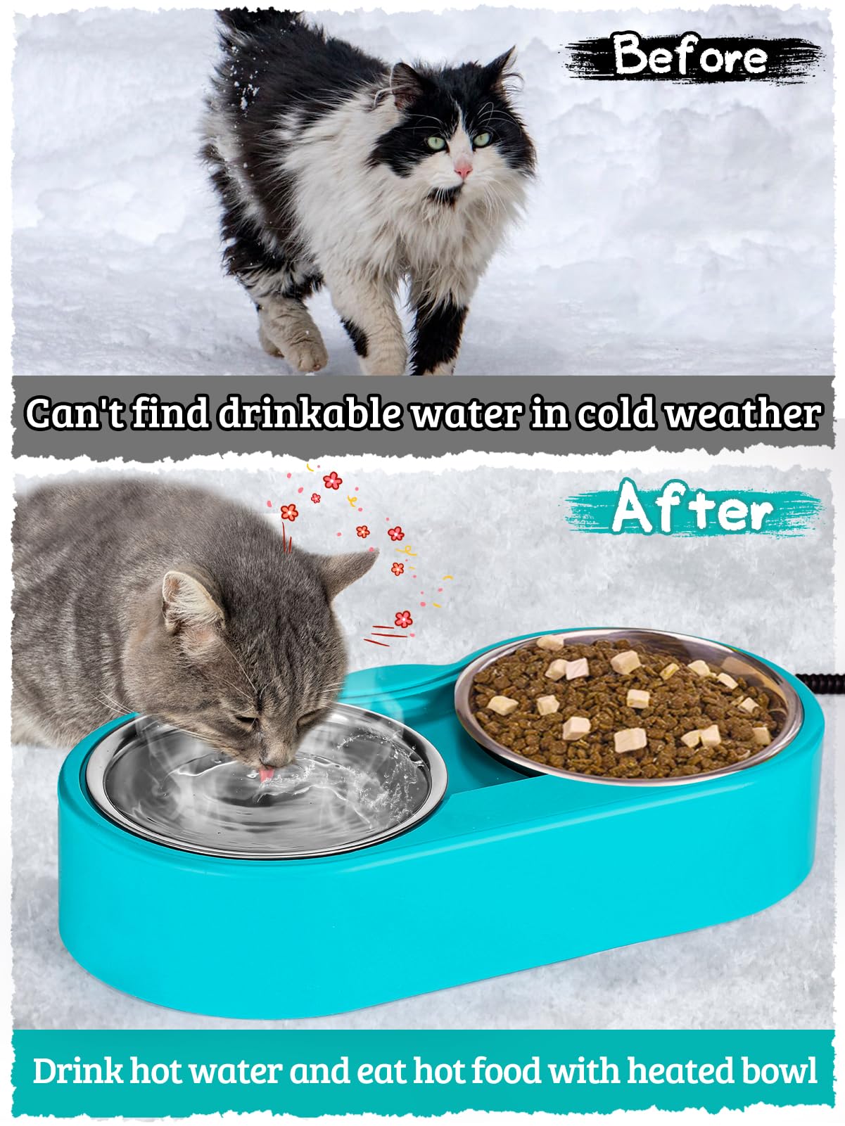 MEWTOGO 48oz capacity dual bowls showing ample outdoor water and food supply