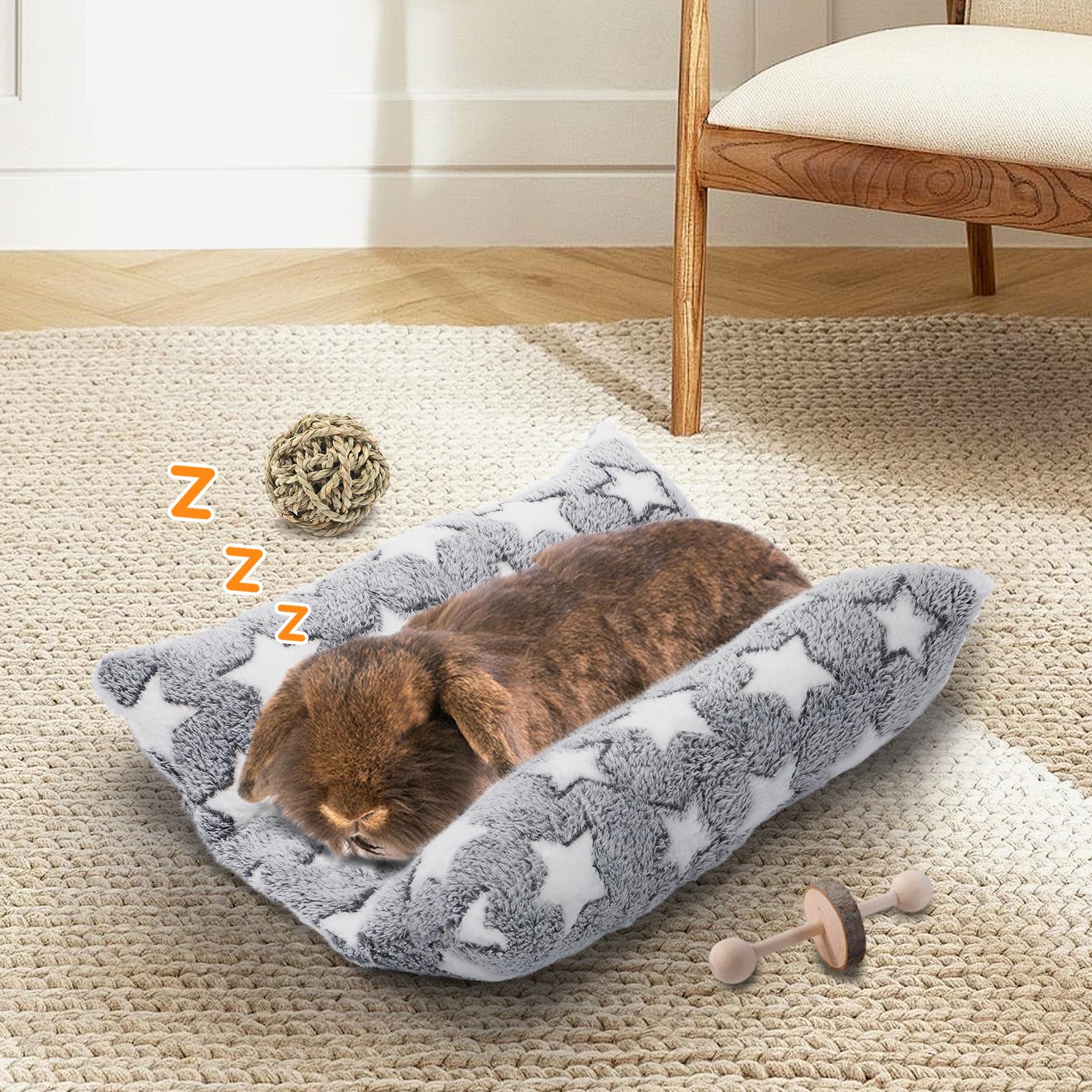 MEWTOGO bunny bed gray-star padding-detail shows cotton lounger pillows and sponge center.