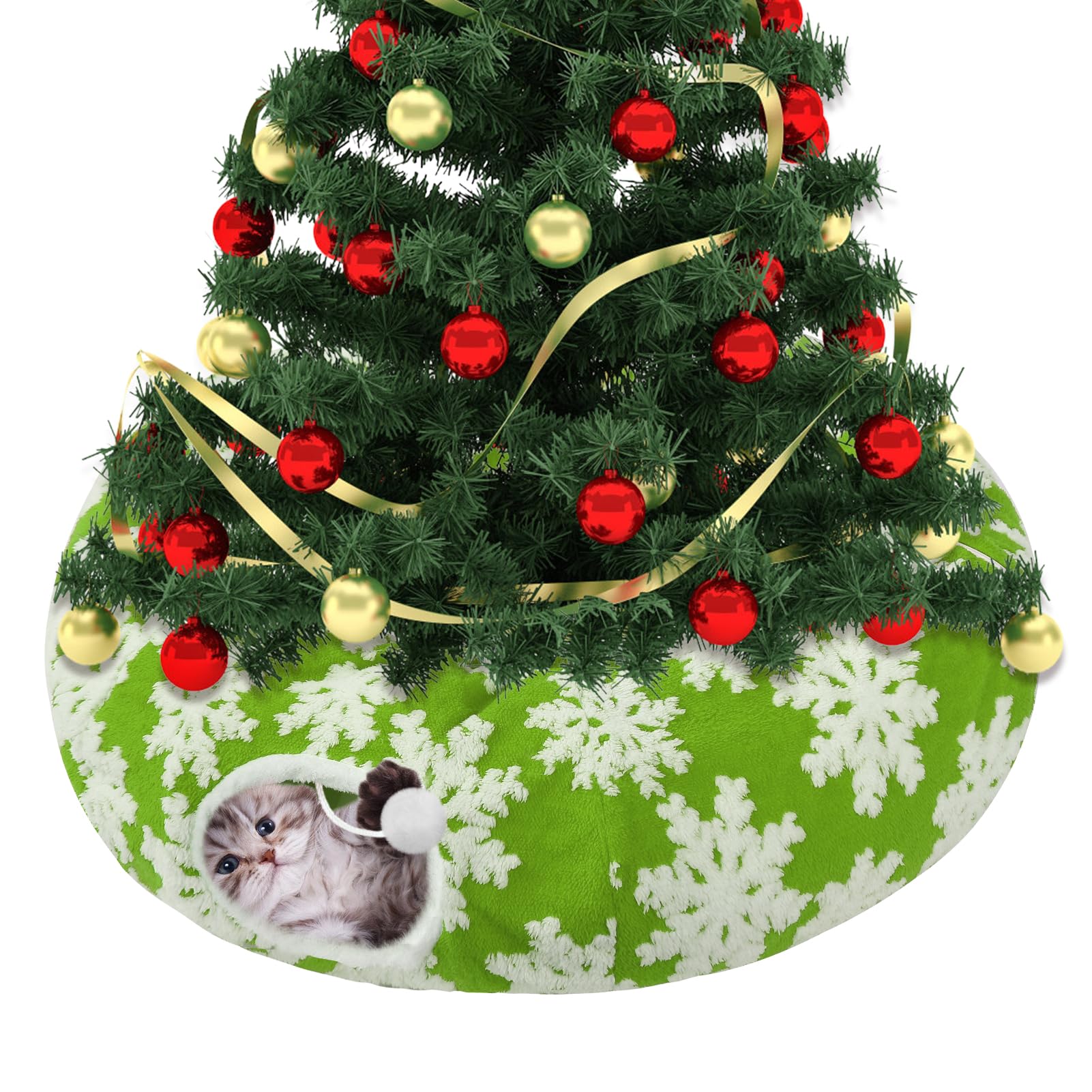 MEWTOGO cat tunnel around a Christmas tree protects decorations while inviting playful exploration