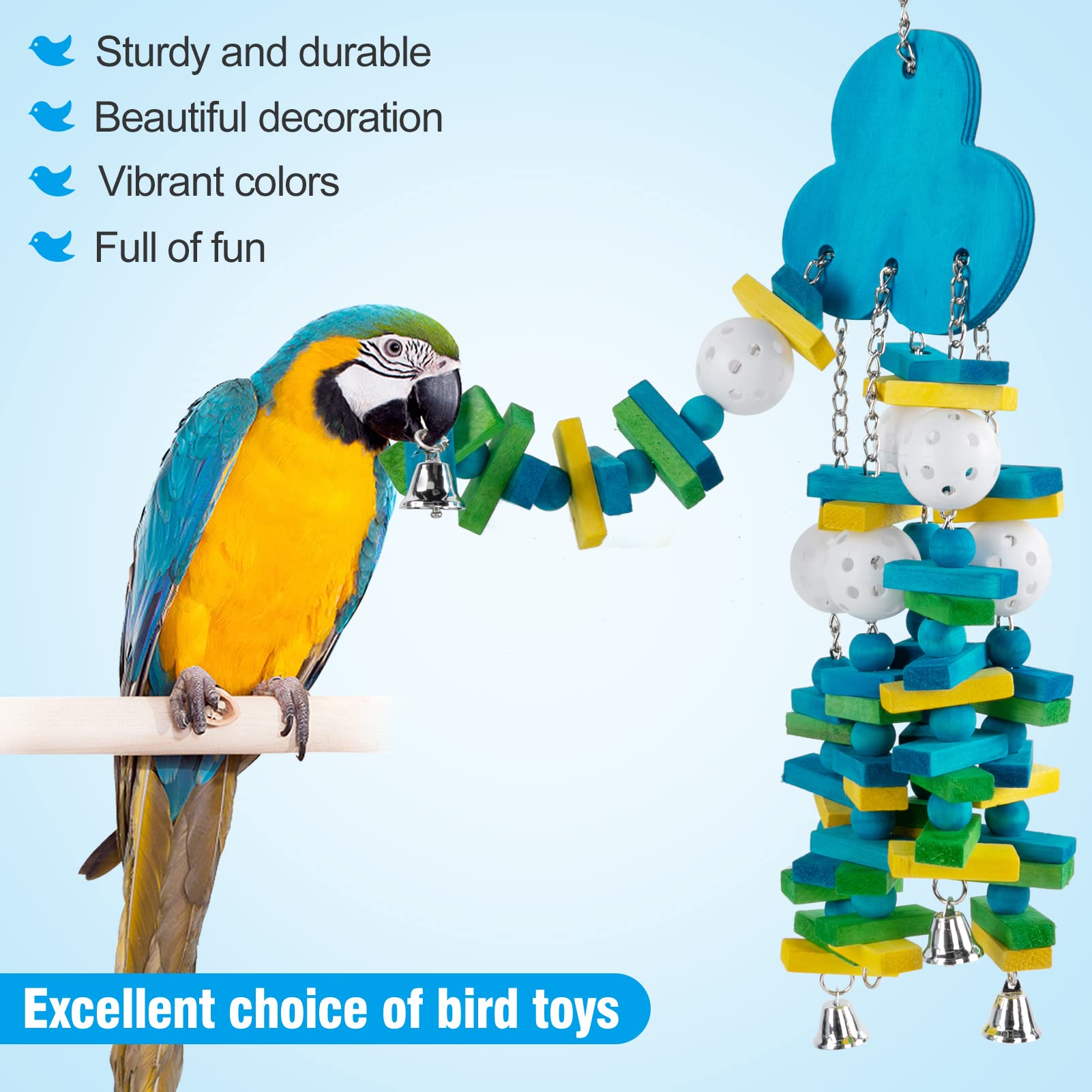 Mewtogo parrot toy closeup colorful blocks for mental stimulation