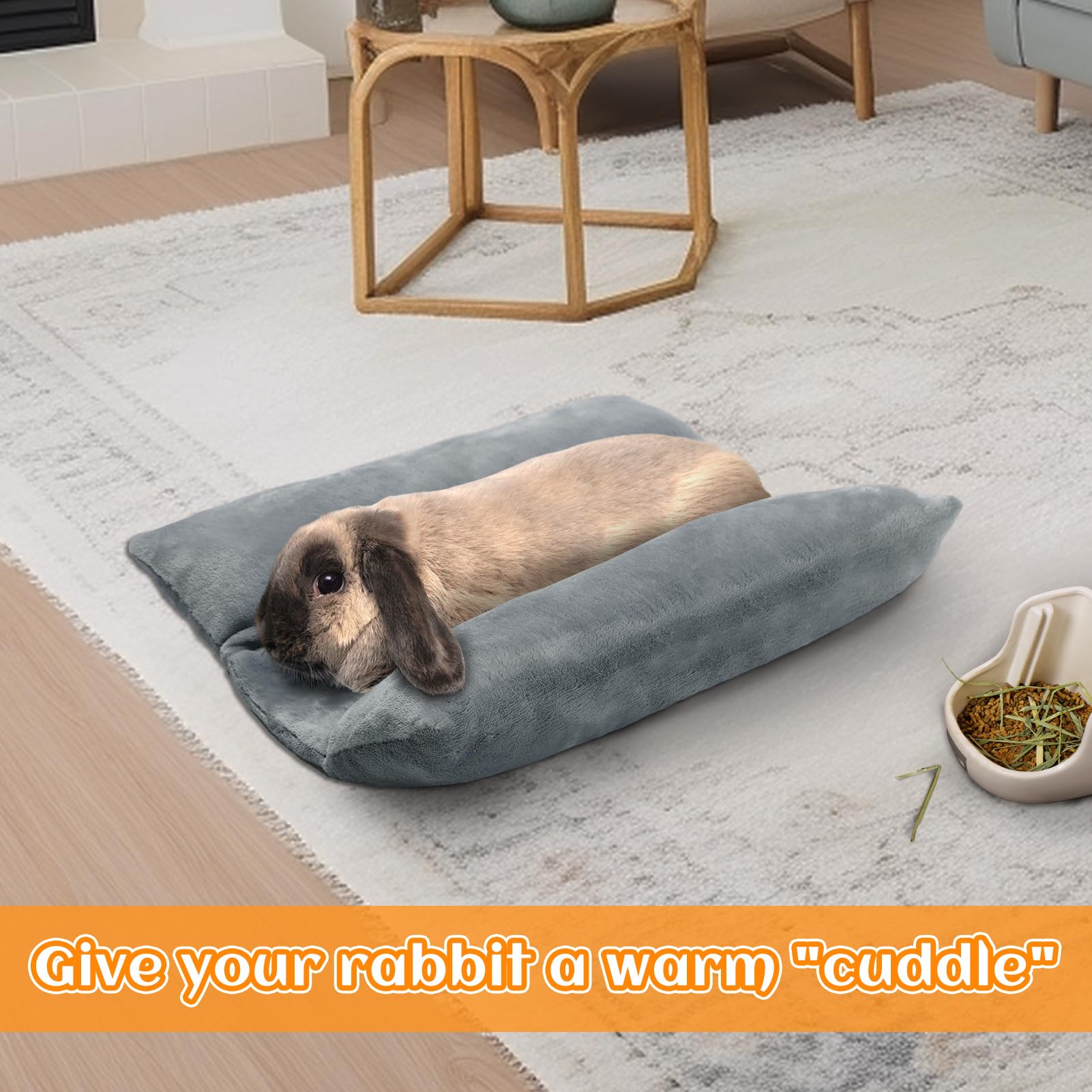 MEWTOGO gray bunny bed shown in a hut view for indoor placement.