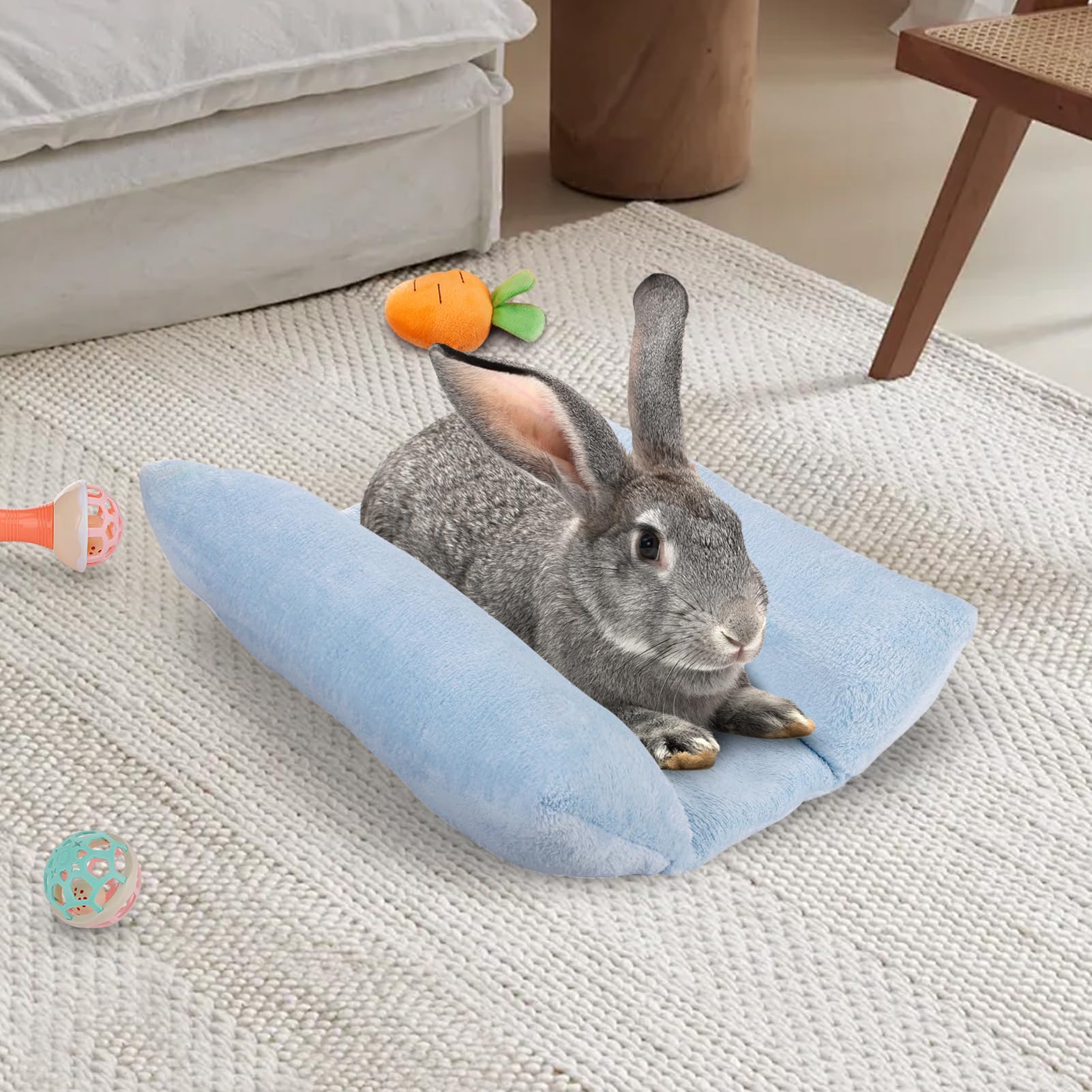 MEWTOGO rabbit bed in-hutch setup creates inviting sleeping spot in indoor habitats.