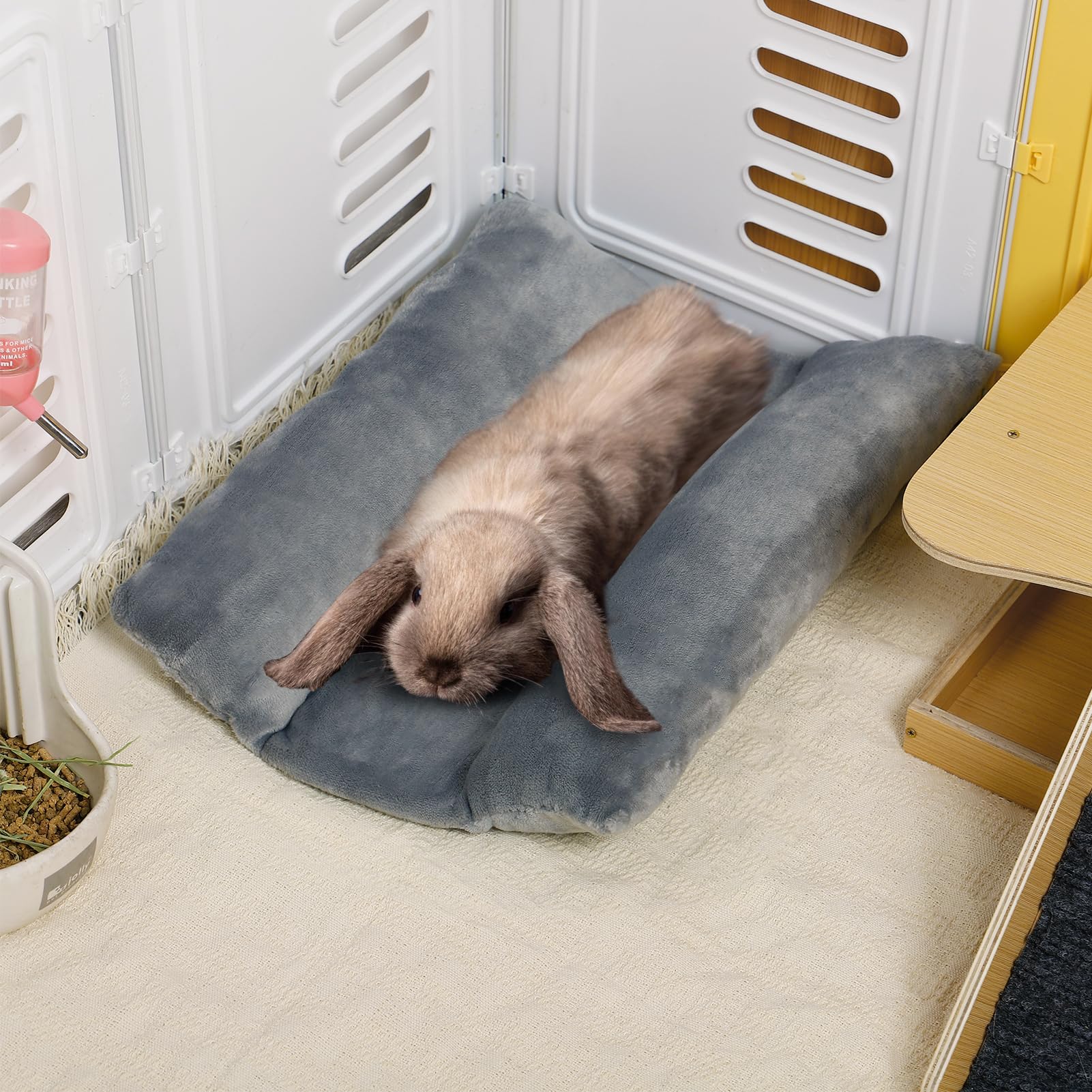 MEWTOGO rabbit bed on floor demonstrates versatile indoor lounging options.