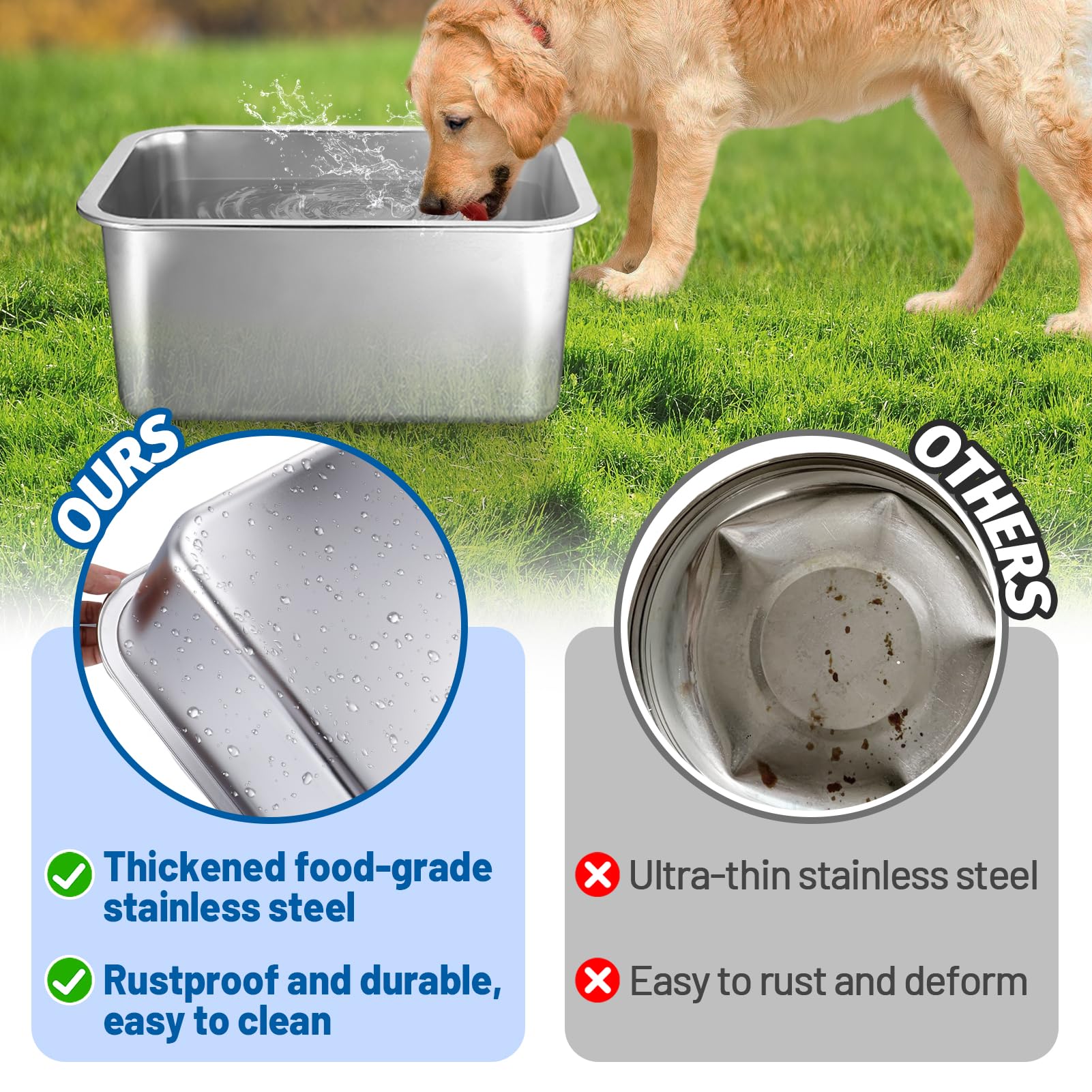 MEWTOGO stainless steel dog bowl highlights rust-proof durability for reliable feeding.