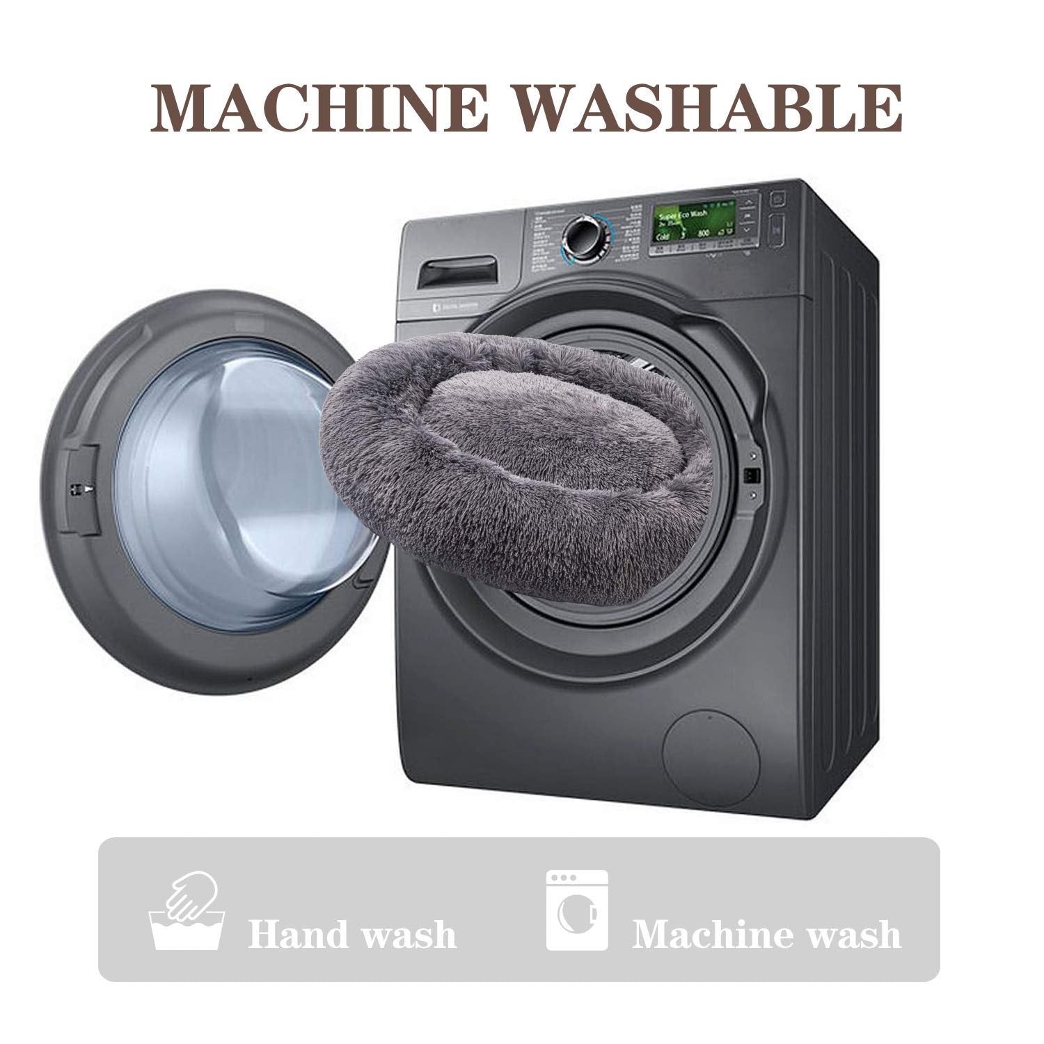 MFOX Calming Dog Bed in-washer care demonstrates easy machine-washable cleaning.
