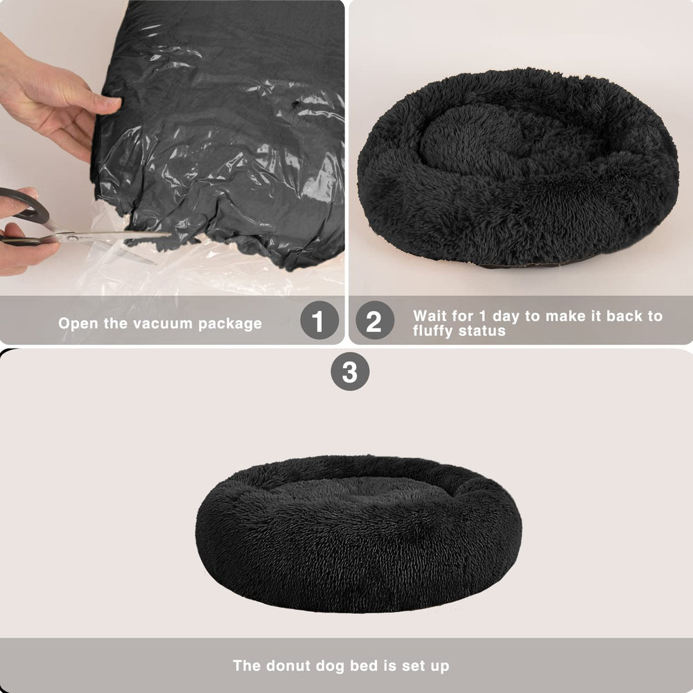 MFOX Calming Dog Bed size guide shows S to XL options.