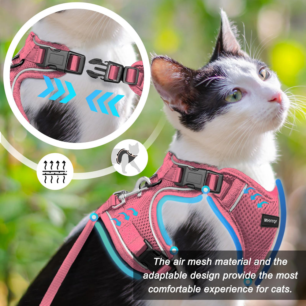 MHHYQF cat harness four-buckles close-up demonstrates secure fit.