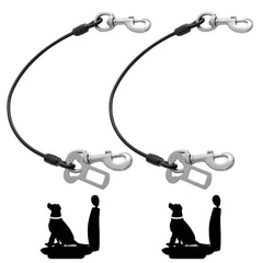 Mi Metty dog seat belt coated wire tether demonstrates chew-proof durability for car rides.