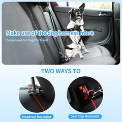 Mi Metty dog seat belt with double clips and latch shows secure attachment options.