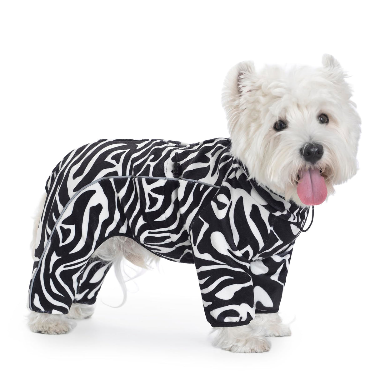 Miaododo fleece dog coat zebra stripe back view shows windproof warmth for chilly walks