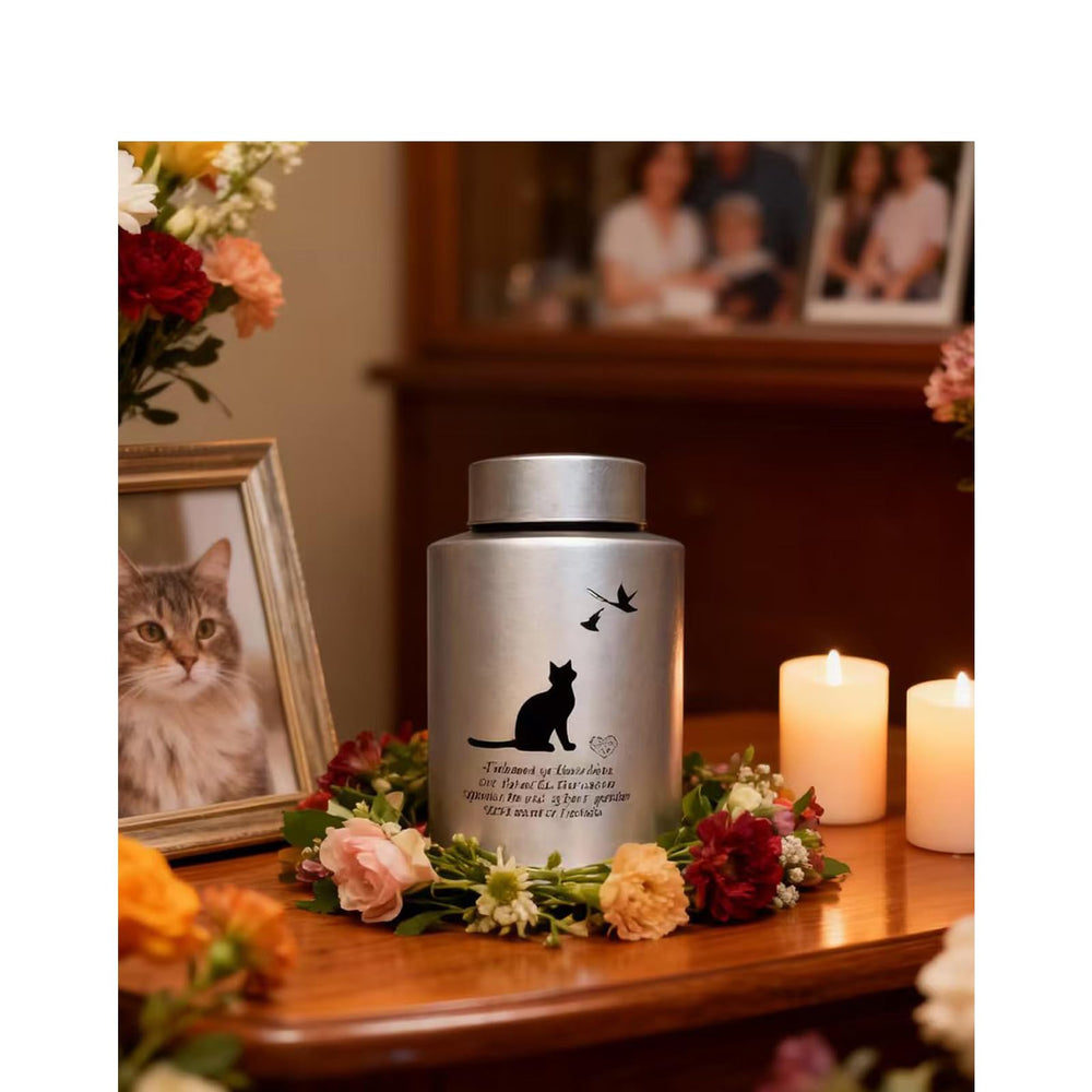 Mianachilu cat urn medium gray front view for a lasting memorial.