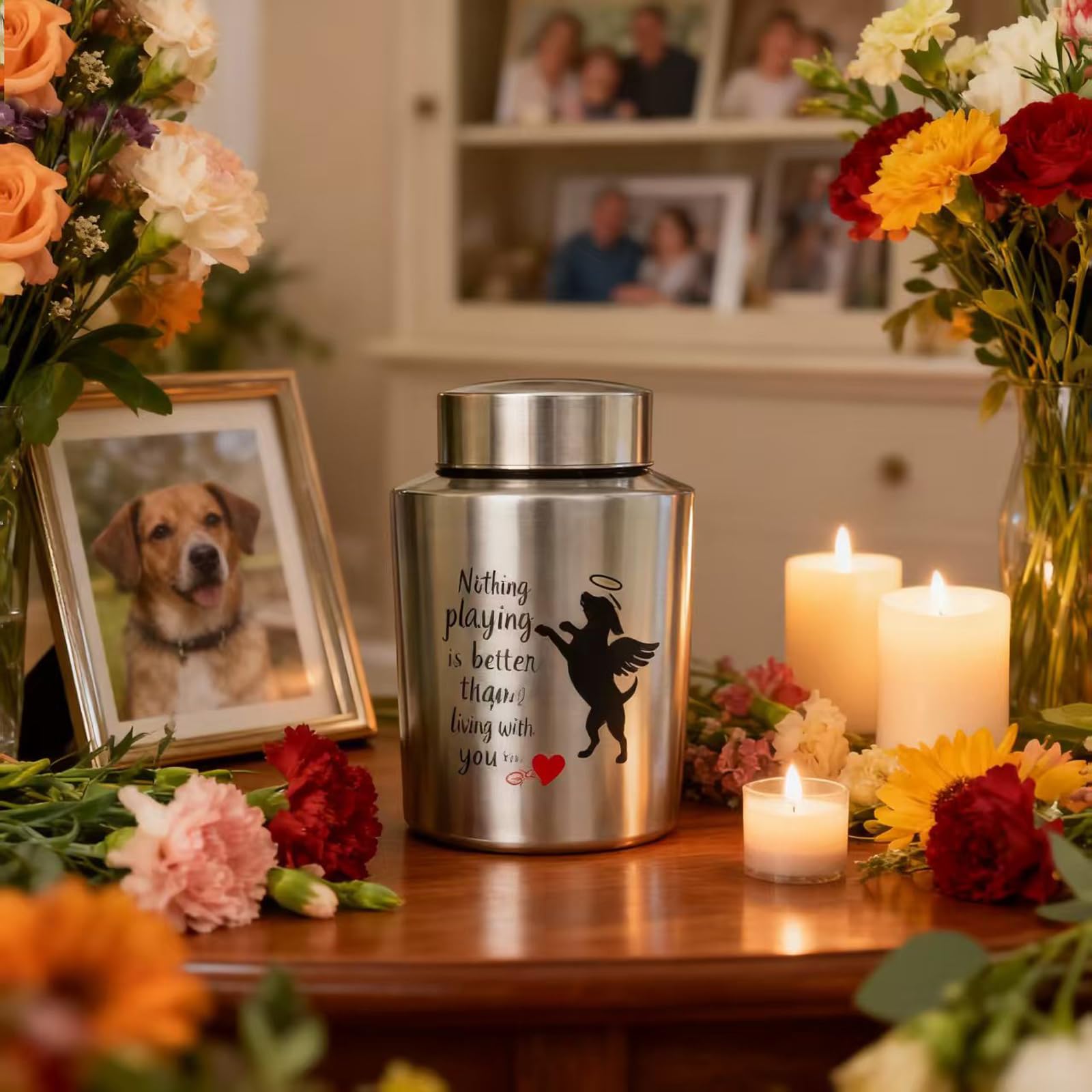 Mianachilu dog urn showing 60 lb capacity and dimensions
