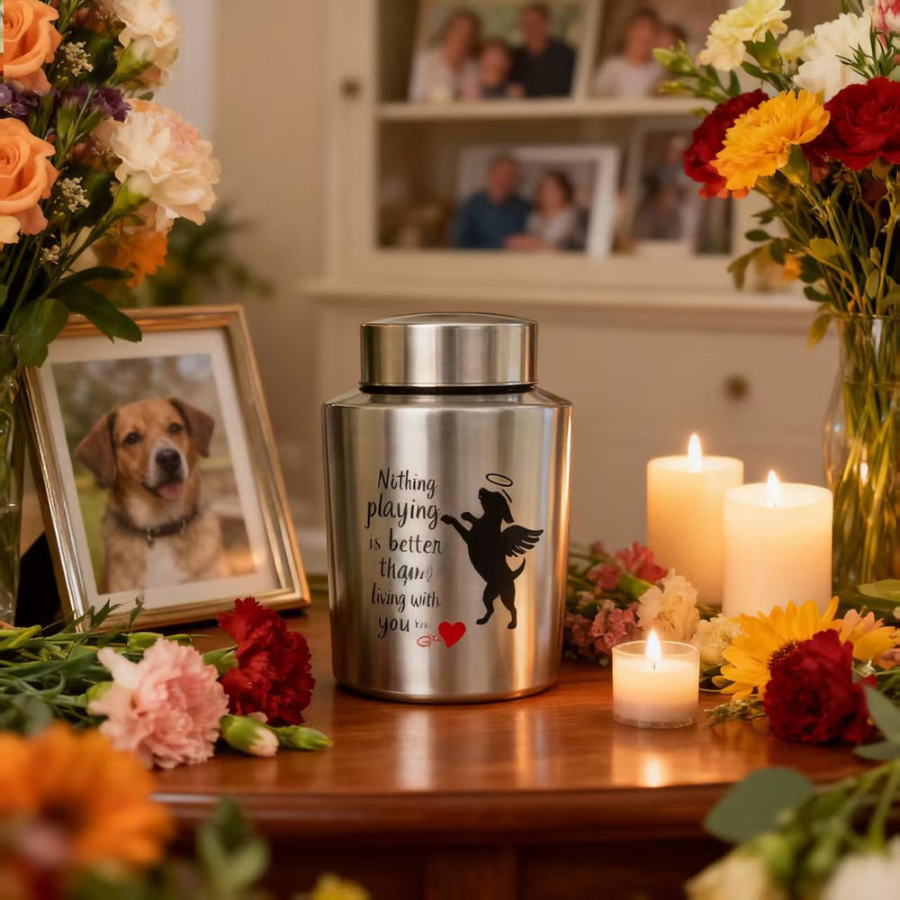 Mianachilu dog urn showing 60 lb capacity and dimensions