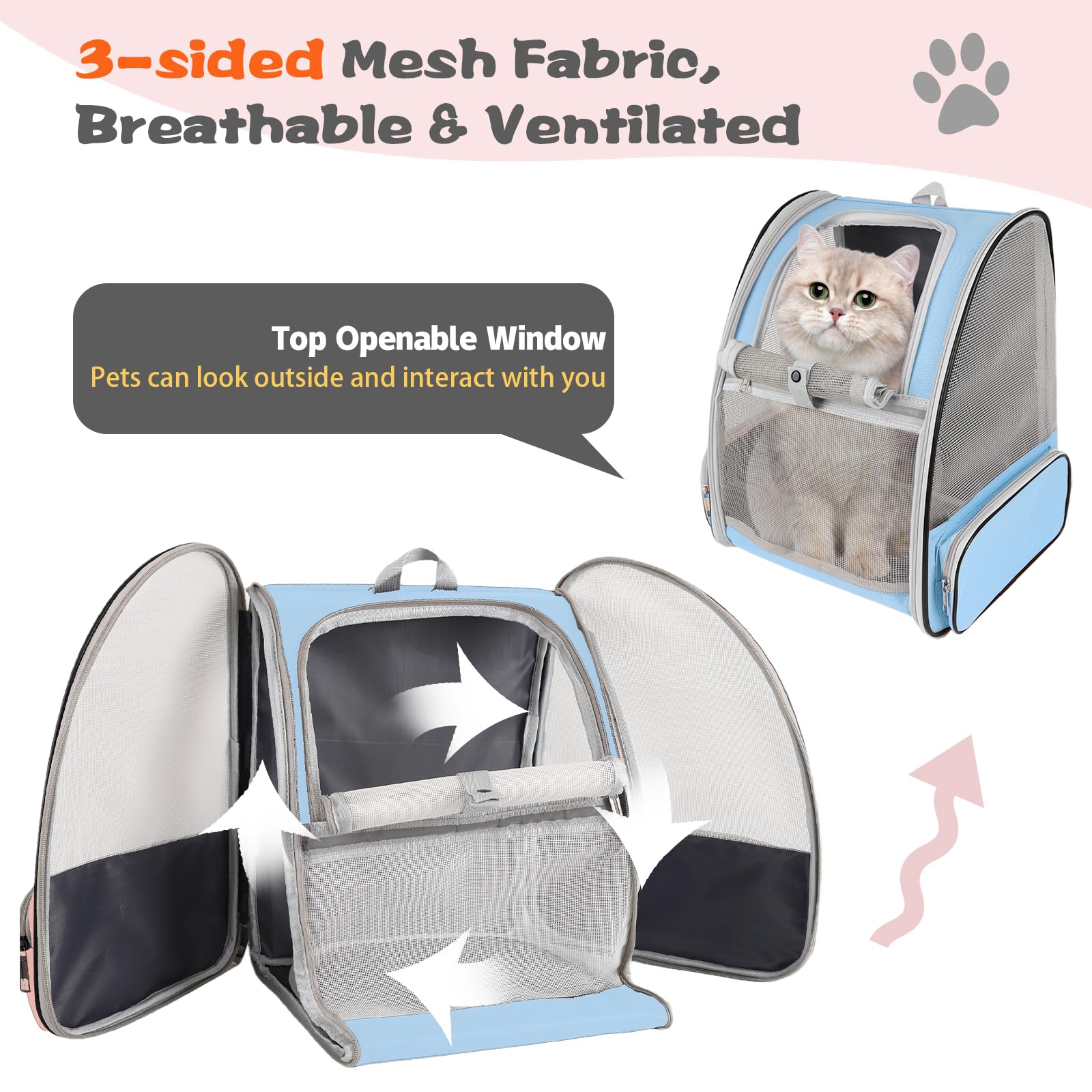 Miaoaws ventilated mesh three-sided design provides airflow and pet visibility during trips.