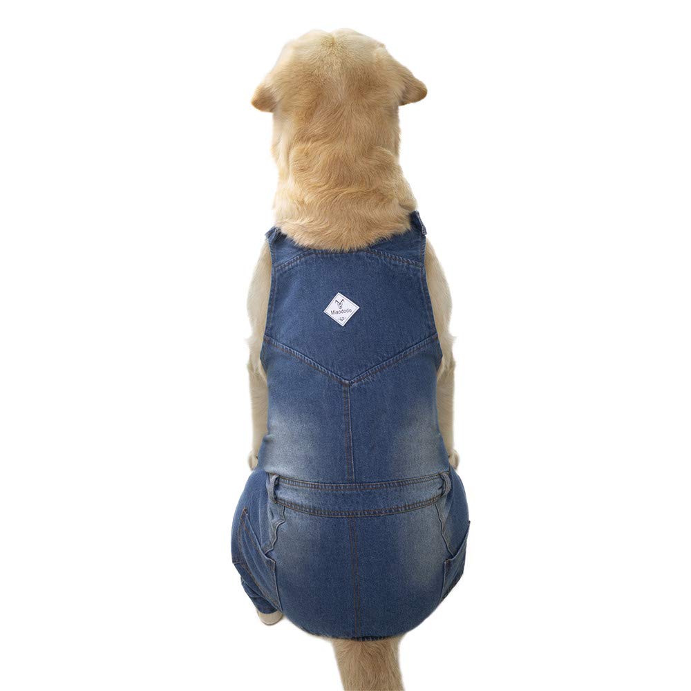 Miaododo dog jeans jumpsuit with adjustable belt ensures secure fit for active dogs.