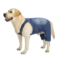 Miaododo dog jeans jumpsuit in blue-washed denim offers stylish everyday wear for medium to large dogs.